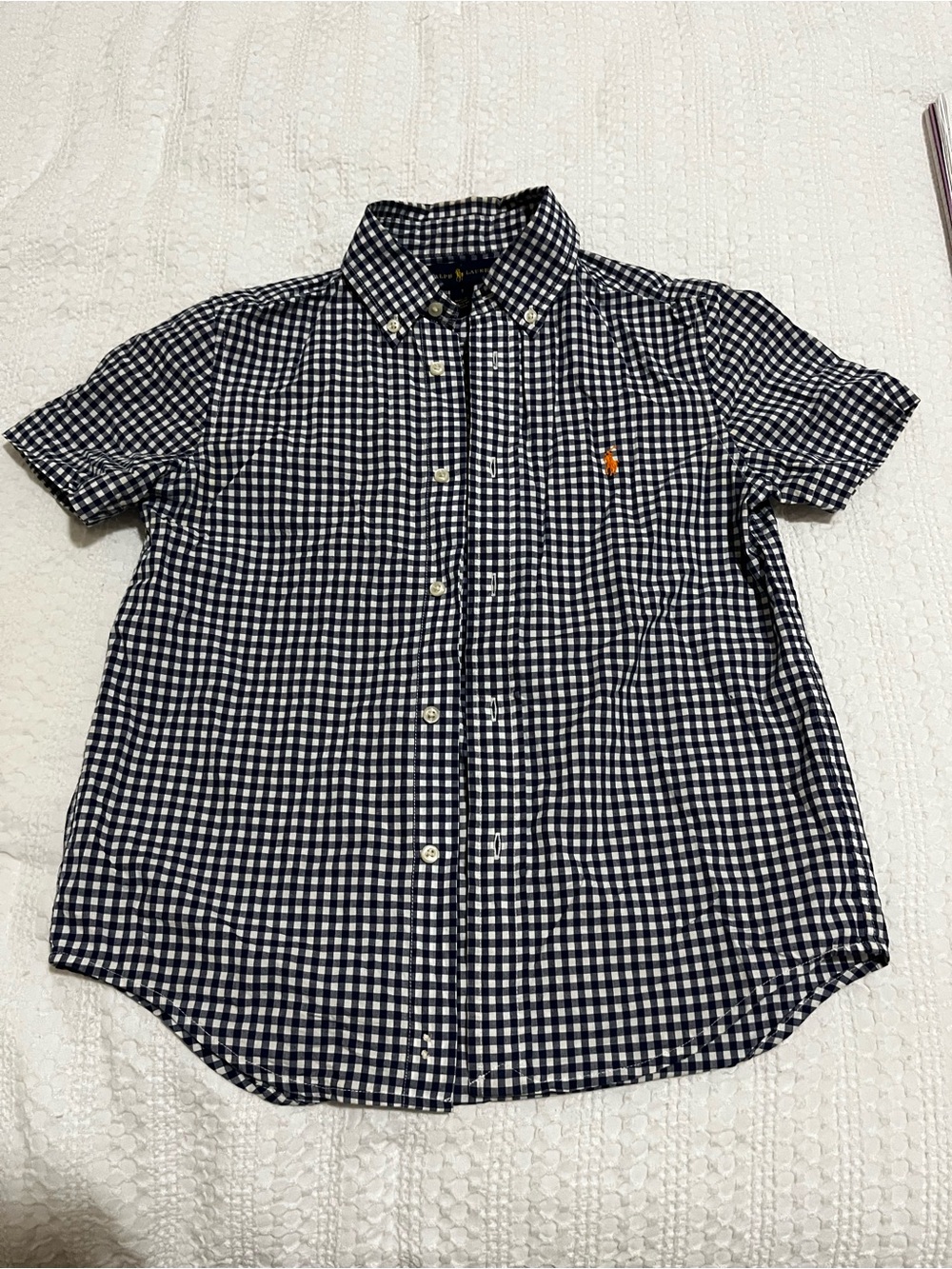 Ralph Lauren Blue and White Gingham Short-Sleeve Button-Down Shirt Boys Sz 7